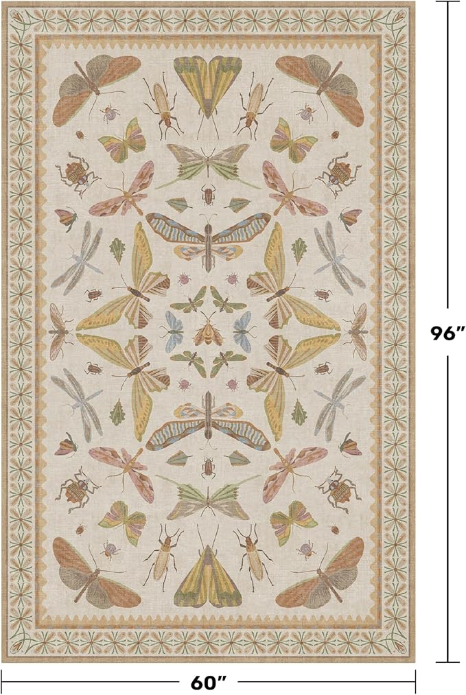 Hazo Haus Washable Neutral Area Rug Living Room, 5x8 Washable Rugs for Bedroom Under Bed, Nursery Room, Boho Vintage Insect Butterfly Non-Slip Low Pile Stain Resistant - Beige/Yellow