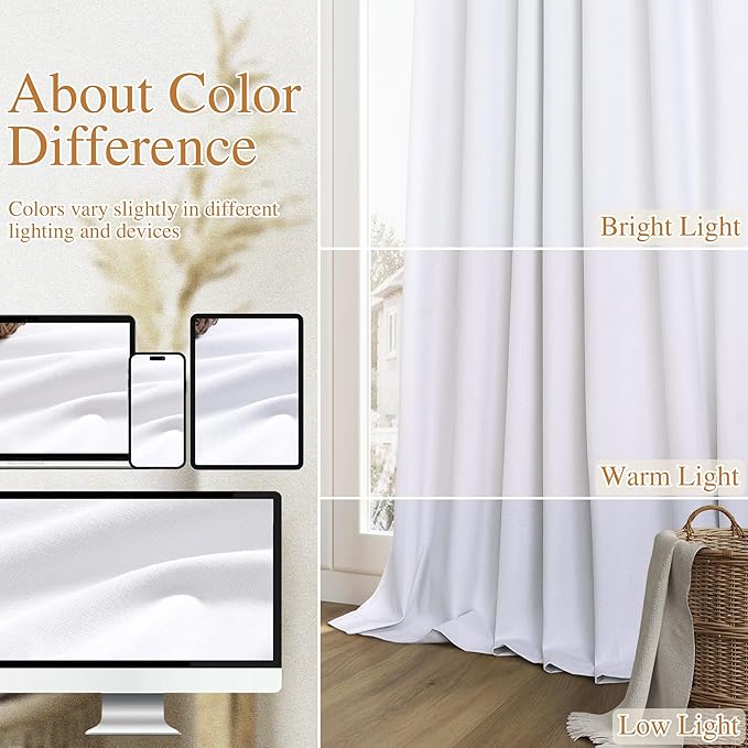Guken White 100% Blackout Linen Curtains 52 Inch Wide by 124 Inch for Living Room Bedroom Back Tab Thermal Insulated Black Out Linen 2 Drapes Room Darkening Window Curtains