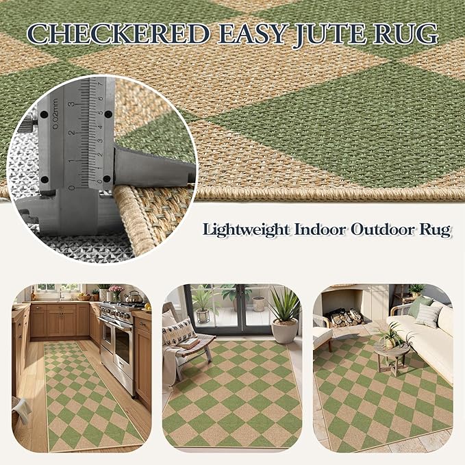 Lahome Colette Green Checkered Easy Jute Rug, 3x5 Washable Outdoor Rug Neutral Rug for Entryway, Checkerboard Non Slip Non Shedding Floor Carpet for Living Room Front Door Porch