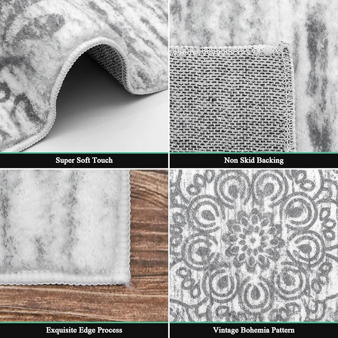 HEBE Washable Area Rug - 4'x6' Non Slip Soft Distressed Medallion Bedroom & Living Room Accent Throw Vintage Entry Floor Carpet for Dining Room & Bathroom Entryway