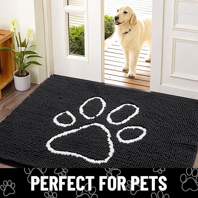 Smiry Dog Door Mat for Muddy Paws, Absorbent Dirt Trapper Non Slip Quick Dry Washable Chenille Mat for Mud Dogs, Entry Rug for Indoor and Outdoor (54x32 Inches, Black and White)