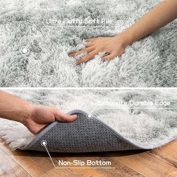 Pionblank Fluffy Runner Rugs for Bedroom 2x6, Modern Shaggy Area Rug for Hallway Living Room, Plush Soft Fuzzy Bedside Carpet for Kids Girls Boys Room Nursery Decor, Tie Dye Grey