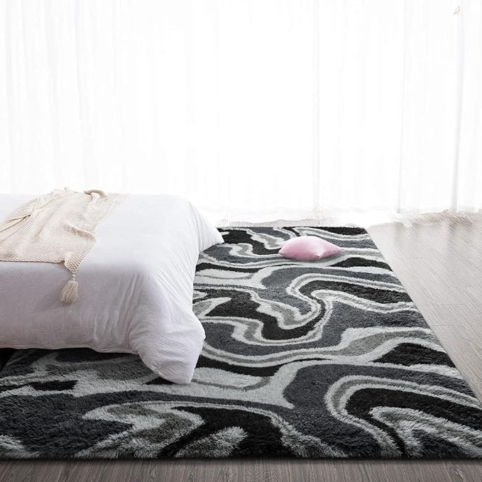 TWINNIS Super Soft Shaggy Rugs Fluffy Carpets, 4x5.9 Feet, Indoor Modern Plush Area Rugs for Living Room Bedroom Kids Room Nursery Home Decor, Upgrade Anti-Skid Rectangular Fuzzy Rug, Grey Black