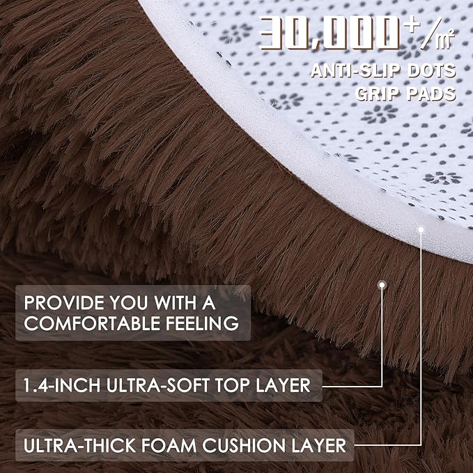 OLANLY Coffee Round Rugs for Bedroom - Machine Washable, 5 ft Circle Area Rugs for Living Room, Soft and Fluffy Shaggy Carpet for Teen Girls and Boys, Nursery Rooms, Dorms, Home Decor Aesthetic