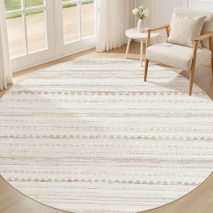 Nakagishi Round Rug Boho Area Rugs: 8x8 Washable Large Circle Neutral Soft Stain Resistant Non-Slip Carpet for Women Aged 25-45 Farmhouse Decor Enthusiasts - Living Room Bedroom Dining Room Nursery