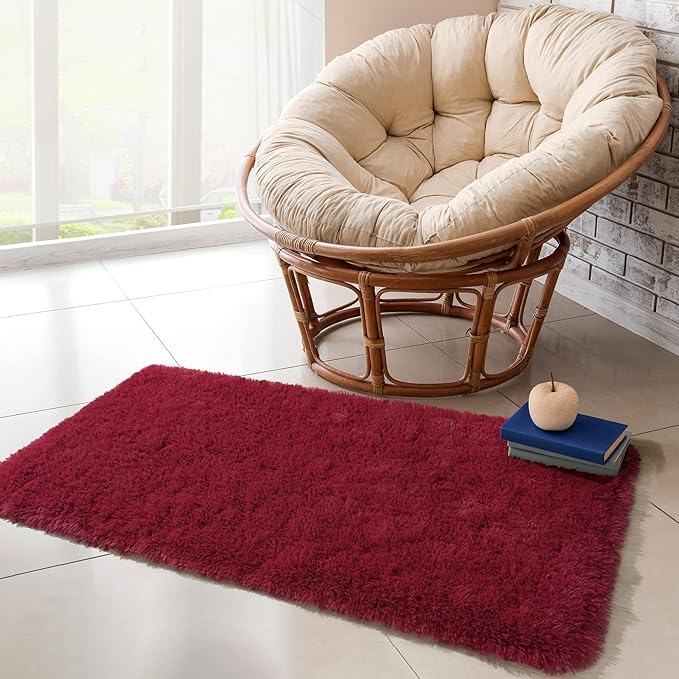 Chicrug Soft Runner Rug for Bedroom Living Room Plush Fluffy Rug 2x4 Feet, Shag Furry Runner Rug Carpet Non Shedding for Nursery Children Kids Girls Room Home Decorative, Wine Red