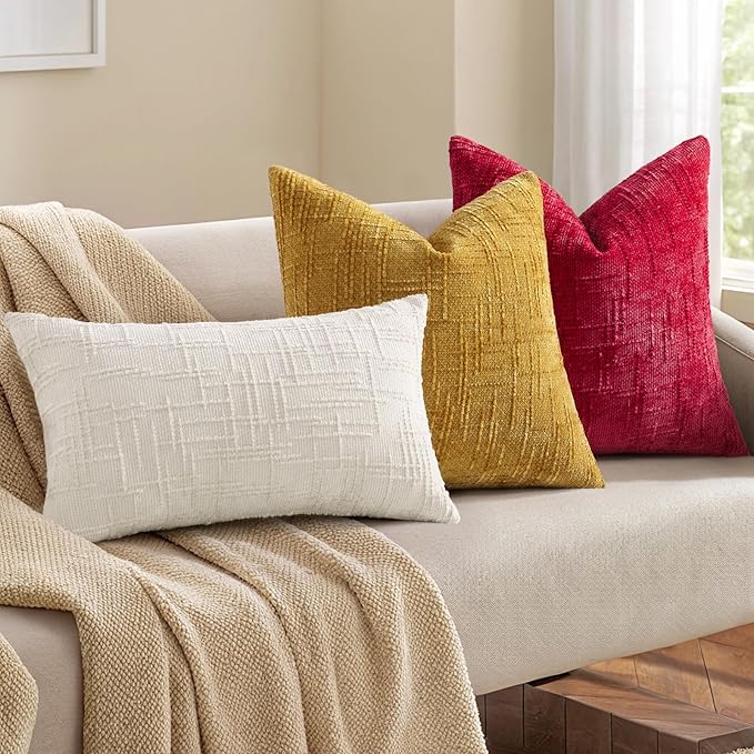 decorUhome Red Chenille Throw Pillow Covers 18x18 Set of 2 Textured Soft Cozy Slubby Couch Pillow Covers Modern Farmhouse Boho Decorative Pillow Cases for Bed Sofa Living Room