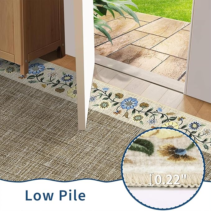 GarveeHome 10x13 Machine Washable Rugs for Living Room Large Area Rug Modern Floral Indoor Accent Carpet Low Pile Carpet Soft Throw Aesthetic Floor Cover for Bedroom Laundry Dining Room, Dark Camel