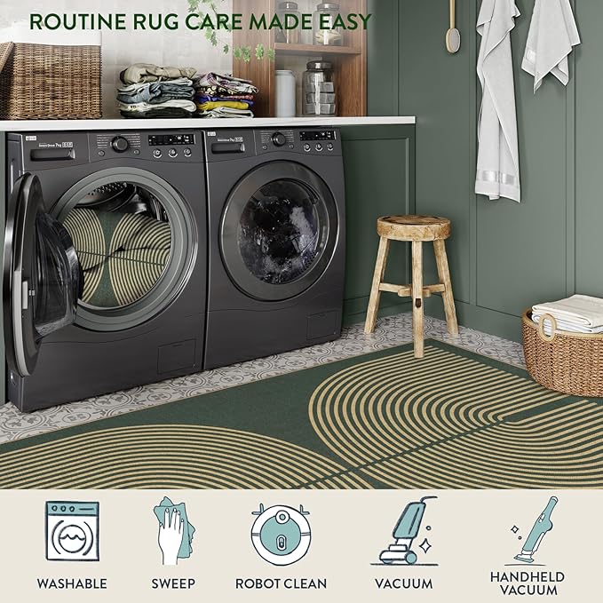 Lahome Enfys Modern Rainbow Easy Jute Indoor Outdoor Rugs, 5x7 Dark Green Rug for Living Room Office, Farmhouse Non Slip Non Shedding Floor Carpet for Dining Room Deck Sunroom