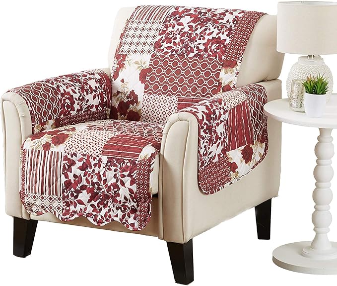 Great Bay Home Reversible Patchwork Chair Cover - Washable Slipcover Furniture Protector with Elastic Straps - Perfect for Kids & Pets - Box-Stitched Detail (Burgundy)