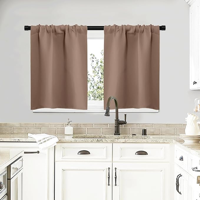 NICETOWN RV Blackout Curtains for Camper Windows, Window Treatment Thermal Insulated Rod Pocket Small Blackout Draperies/Drapes for Bedroom/Kitchen (Cappuccino, Set of 2, 29" Wide by 20" Long)