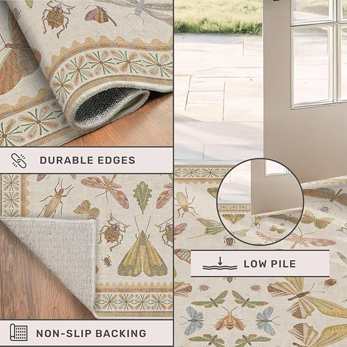 Hazo Haus 3x5 Washable Non-Slip Bathroom Rug, Colorful Insect Rug for Kids Room - Ultra Soft Low Pile Cottagecore Butterfly & Beetle Pattern for Nature-Inspired Home Décor