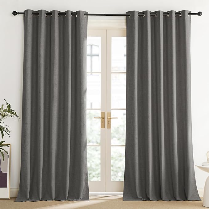 NICETOWN Grizzle Gray Vintage Linen 100% Blackout Curtains for Living Room, Thermal Insulated Curtains 108“ Long, Noise Reducing Window Treatment Drapes for Home Office, 62" Wide Per Panel, Set of 2