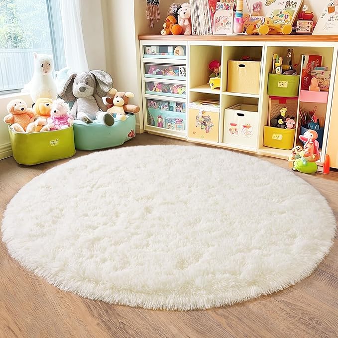 6‘x6’ Cream Round Rugs for Girls Bedroom, Ultra Soft Fluffy Circle Rug for Kids Room, Cute Shag Rugs for Living Room Playroom Tent Castle Home Decor Rug