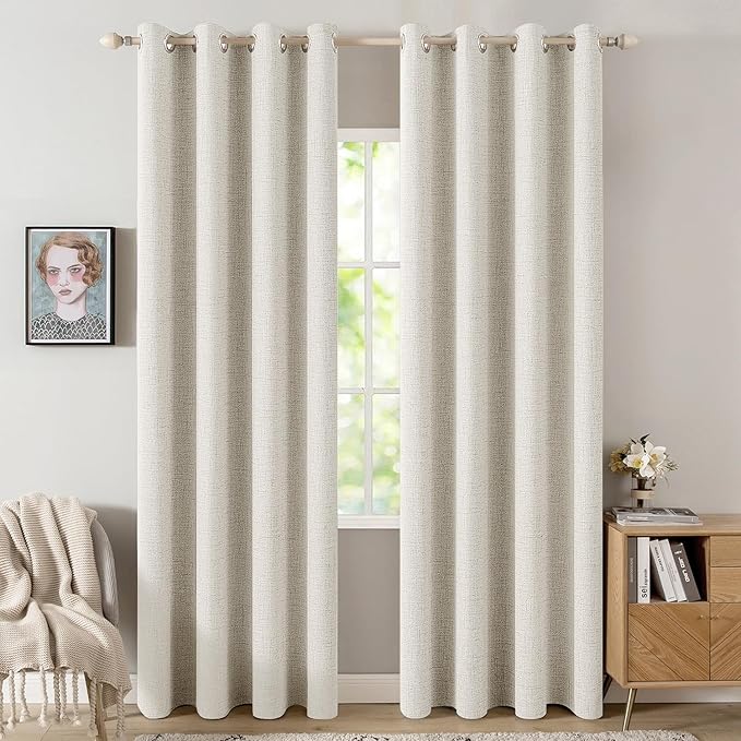 MIULEE Linen Texture Curtains for Bedroom Solid 100% Blackout Thermal Insulated Linen Beige Curtains Grommet Room Darkening Drapes for Living Room Nursery 52x72 Inch (2 Panels)