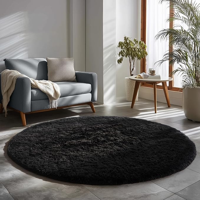 Black Round Rug 4Ft for Bedroom, Fluffy Circle Area Rugs for Living Room Decor Aesthetic, Shaggy Furry Circular Floor Carpet for Office Playroom Nursery Classroom, Modern Baby Kids Teen Boys Mens Rug