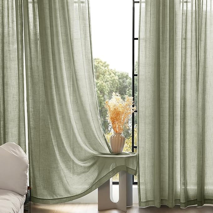 Linen Blend Sage Green Curtains 108 inch Length 2 Panels for Bedroom Back Tab Light Filtering Semi Sheer Drapes Linen Cotton Textured Light Green Airy Modern Farmhouse Living Room Sage Aesthetic Decor
