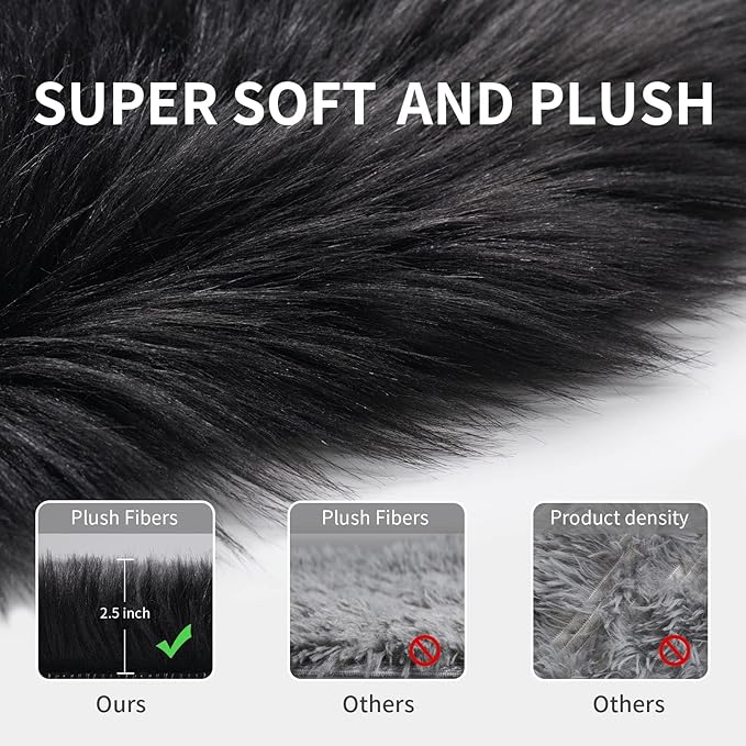 Faux Fur Rug for Bedroom, Fluffy Runner Rugs Soft Sheepskin Rug Sofa Couch Seat Cushion, 2x6ft Black Plush Area Rug Shag Rugs Floor Carpets for Nursery Bedside, Cute Shaggy Fuzzy Home Decor