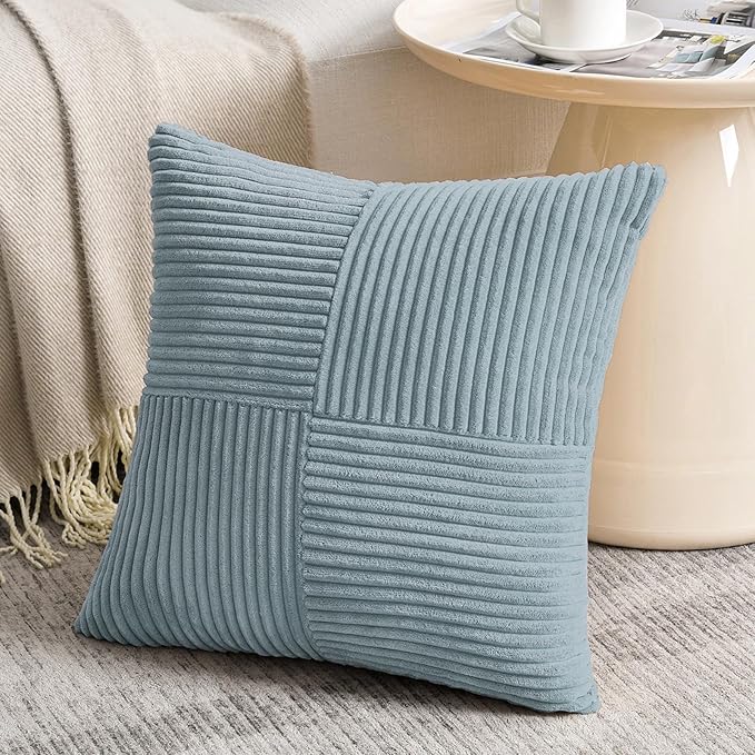 Fancy Homi Set of 2 Light Blue Samll Decorative Throw Pillow Covers 14x14 Inch with for Couch Bed Sofa, Rustic Farmhouse Boho Home Decor, Soft Cross Patchwork Corduroy Square Cushion Case 35x35 cm