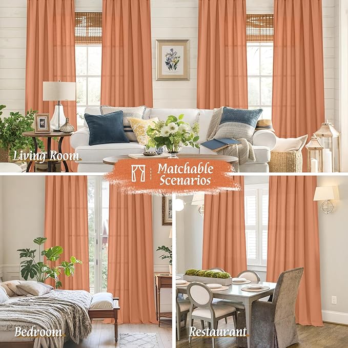 LAMIT Linen Blended Window Curtains 63 inch Length for Bedroom, Soft Thick Light Filtering Curtain Panles with Rod Pocket Privacy Drapes for Living Room, 2 Panels Set, 52 x 63 Inch, Terracotta