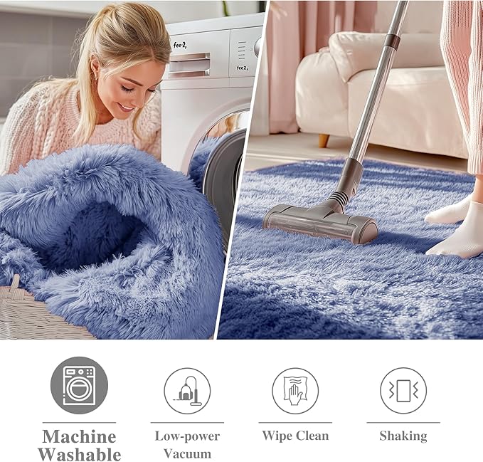 OLANLY Denim Blue Round Rugs for Bedroom - Machine Washable, 2 ft Circle Area Rugs for Living Room, Soft and Fluffy Shaggy Carpet for Teen Girl and Boys, Nursery Rooms, Dorms, Home Decor Aesthetic