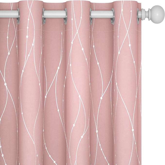Deconovo Pink Blackout Curtains for Bedroom, Thermal Insulated Soundproof Pravicy Curtain, Silver Wave Dots Print, 52 x 84 Inch Long, Machine Washable Window Panels for Kids Room Nursery, Set of 2