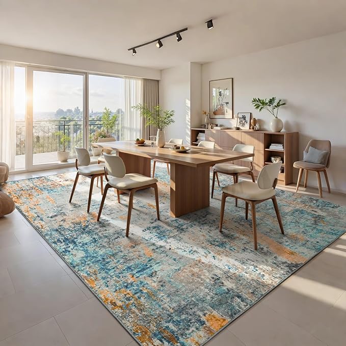 Ompaa Living Room Rug 8x10 Blue Area Rugs Machine Washable Abstract Boho Large Carpet Non-Slip Non-Shedding Faux Wool Indoor Vintage Rugs for Bedroom, Classroom, Dining Room, Kids Playroom