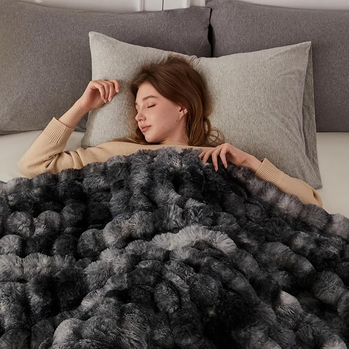 COOVA Faux Fur Throw Blanket for Couch, Cozy Soft and Fuzzy Plush Rabbit Fur Bubble Blanket for Sofa Bedroom Living Room, 50x60 Inches Tie Dye Black