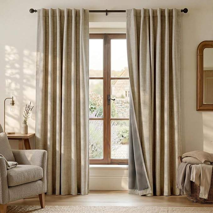 RYB HOME Burlap 100% Blackout Linen Curtains 78 inch Long, Thermal Insulated & Privacy Assurd Home Decor Drapes for Bedroom/Office/Nursery, Rod Pocket & Back Tab Window Treatment, W52 X L78, 2 Panels