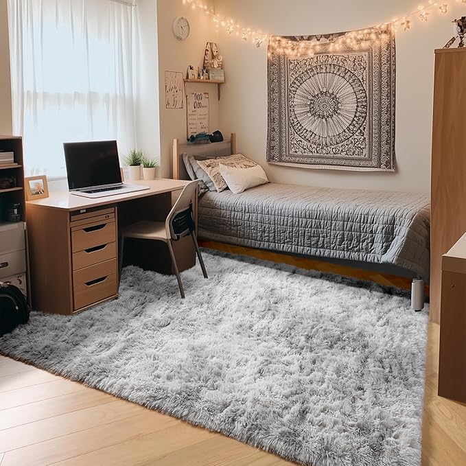 ONASAR Area Rugs for Bedroom Living Room, 4x6 Tie-Dyed Light Grey Fluffy Shaggy Bedside Throw Rug, Indoor Soft Plush Floor Carpet for Nursery Kids Girls Boys Teen Dorm Home Office Decor Aesthetic