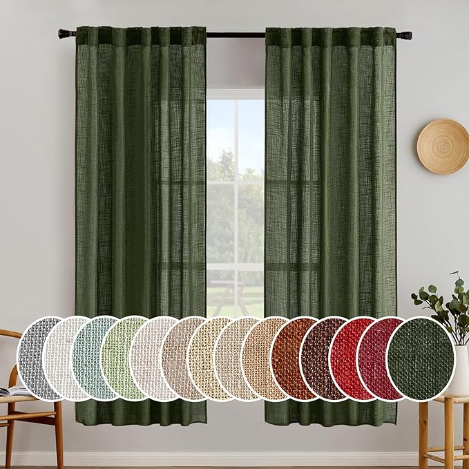 MIULEE Olive Green Linen Curtains 72 Inch Length for Bedroom Living Room, Soft Thick Linen Textured Window Drapes Semi Sheer Light Filtering Back Tab Rod Pocket Burlap Look Christmas Decor, 2 Panels