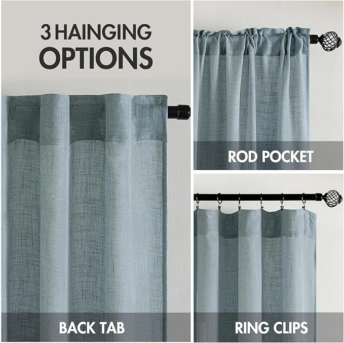 MIULEE Dusty Blue Short Linen Curtains 45 Inch Length 2 Panels for Kitchen Bedroom Bathroom, Soft Thick Linen Textured Basement Window Drapes Semi Sheer Light Filtering Back Tab Burlap Look Decor
