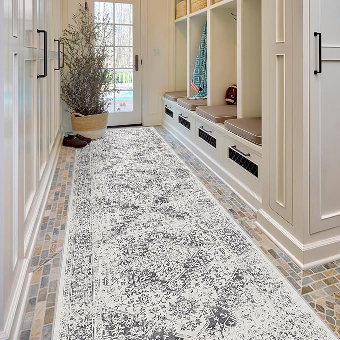 Hallway 3x10 Runner Rug - Vintage Non-Slip Long Rug for Entryway Low-Pile Washable Medallion Runner Rugs for Hallway Waterproof Traditional Runner Rug Indoor Thin Rug for Kitchen (Grey)