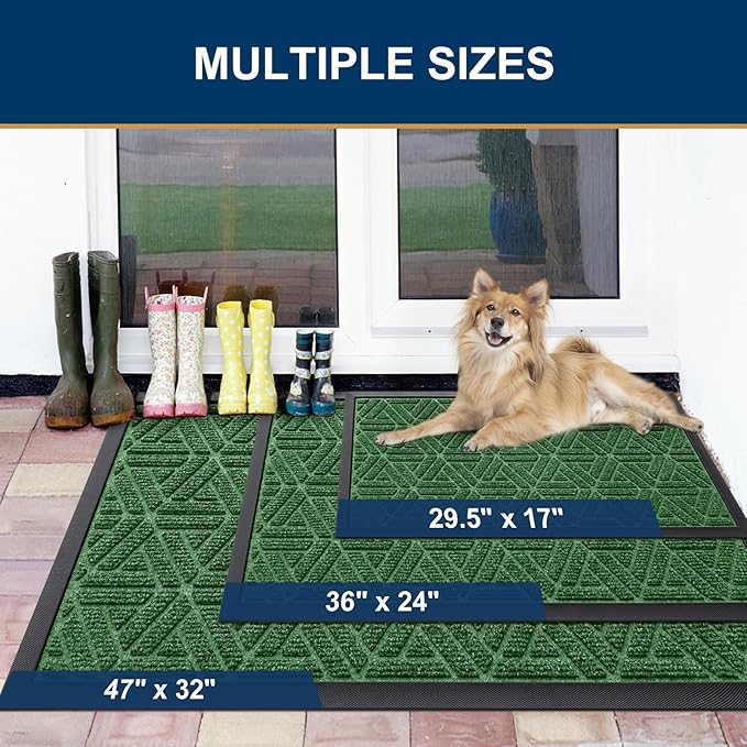 Smiry Front Door Mat Outside Entrance, Heavy Duty Sturdy Natural Rubber Doormat, Trap Dirt and Moisture, Easy Clean Low Profile Mats for Indoor Outdoor Entry, Grid Geometric (35x23, Green)