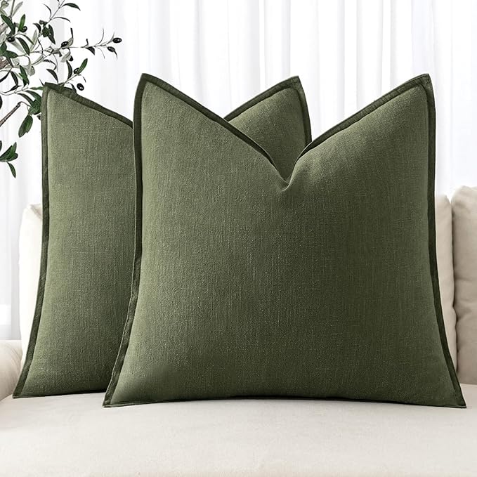 MIULEE Decorative Linen Euro Sham Pillow Covers 22x22 Inch Dark Olive Green Boho Farmhouse Neutral Spring Couch Throw Pillows for Bed Pack of 2 Accent Modern Pillowcase Sofa Livingroom Home Decor