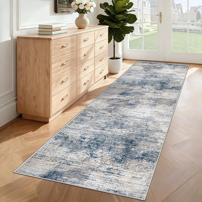 XLUEZ 2x8 Runner Rug for Hallway, Washable Modern Abstract Runner Rugs Neutral Soft Non Slip Kids Rug Stain Resistant Indoor Runners for Entryway Bedroom Kitchen Laundry Room(BlueWhite, 2'x8')