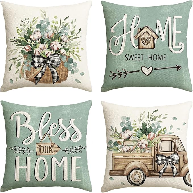 AVOIN colorlife Bless Our Home Farmhouse Eucalyptus Leaves Throw Pillow Covers, 20 x 20 Inch Blue Truck Home Sweet Cushion Case Decorations Set of 4