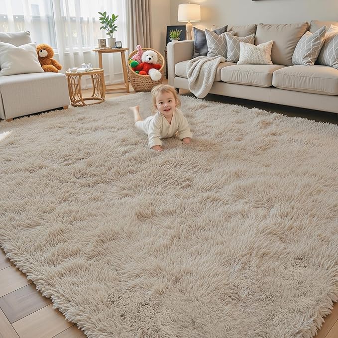 Area Rugs 9x12 Living Room, Shaggy Carpet Soft Plush Furry Bedside Rug Large Area Rugs for Bedroom Kids Girls Boys Home Decor Anti Slip(9 x 12, Beige)