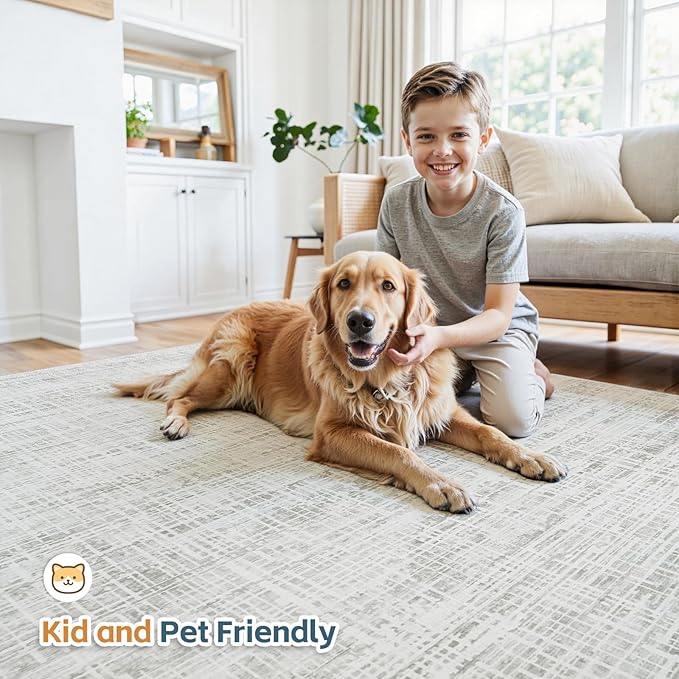 5x8 Area Rugs Washable Rug: Anti-Skid Abstract Modern Living Room Rug Soft Thin Carpets Indoor Floor Non-Shedding Carpet for Bedroom Dining Farmhouse Nursery Home Office (White Gray, 5'x8')