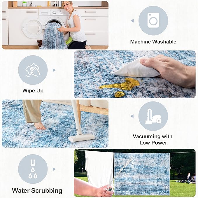 Area Rugs 10x14 Living Room - Washable Rug Modern Abstract Soft Large Neutral Non-Slip Carpet Indoor Floor Thin Carpets for Bedroom Dining Room Farmhouse Nursery Home Office Blue Grey