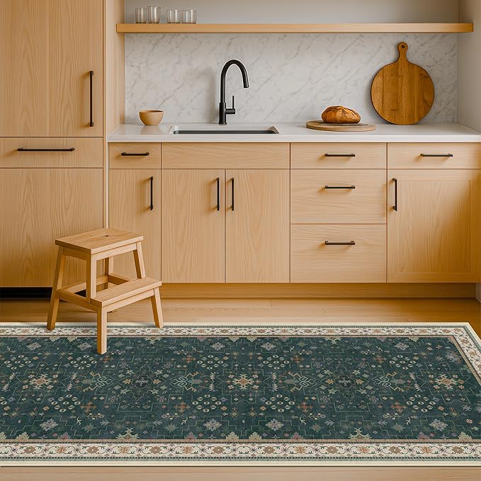 Dark Green 2x5 Kitchen Rug - Modern Vintage Boho Eclectic Floral Pastel, Washable Low Pile Non-Slip Small Runner Rugs for Entryway Door Mat Indoor Entrance, Bedroom, Hallway