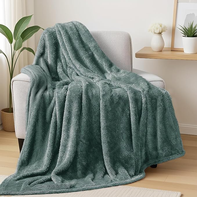 Exclusivo Mezcla Plush Fuzzy Fleece Throw Blanket Extra Large, Super Soft, Fluffy and Warm Blankets for Couch, Bed, All Season (Celadon, 50x70 inches)