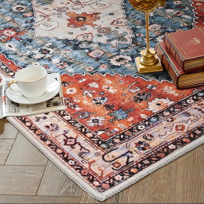SERISSA Boho Tribal 8x10 Area Rugs, Washable Vintage Large Living Room Rug Non-Slip, Ultra Soft Oriental Print Distressed Farmhouse Carpet for Dining Room Bedroom Dorm Office Home Decor