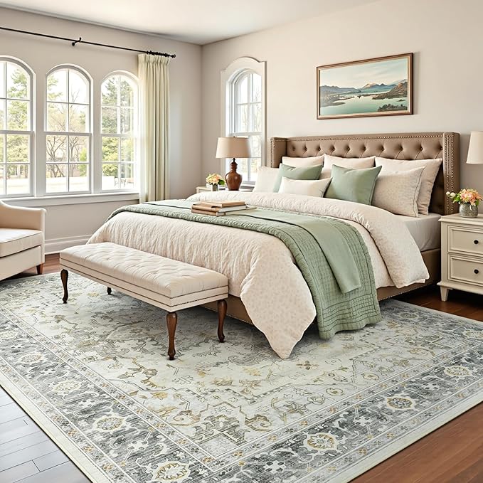 Lofus 9x12 Area Rugs for Living Room, Machine Washable Non-Slip Area Rug, Low Pile Large Rugs for Bedroom, Kitchen, Dining Room, Home Office, Vintage Oriental Print Rug, Taupe Grey
