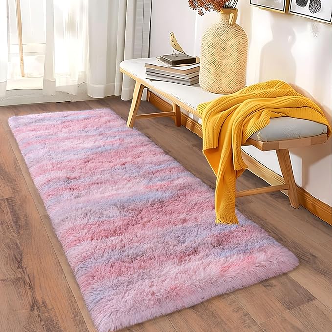 Soft Runner Rugs for Bedroom Hallways, 2x5 Abstract Pink Fluffy Shag Throw Area Rug Non Slip for Bedside Dorm, Long Shaggy Furry Carpet for Nursery Living Room