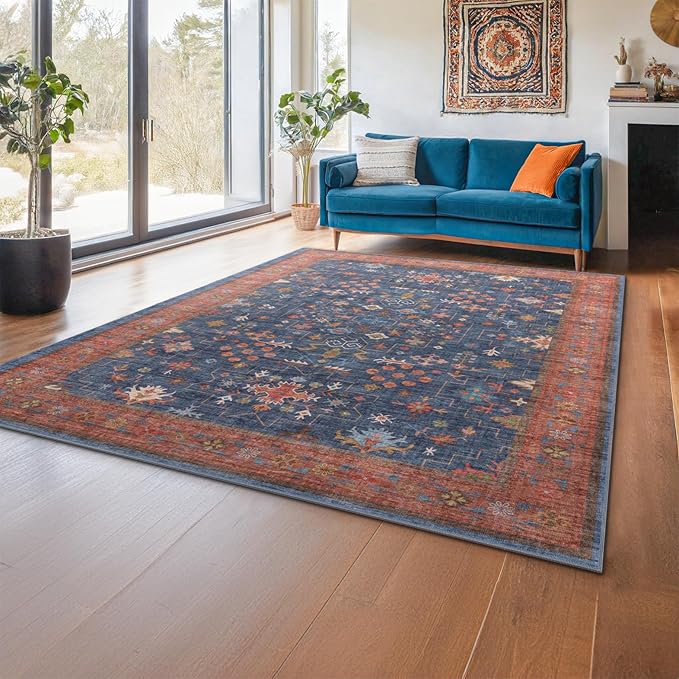 Hazo Haus Dining Room Rugs for Under Table - 7x9 Washable Area Rug for Living Room, Low Pile Non-Slip Rugs for Bedroom - Navy Blue Vintage Boho Unique Home Decor