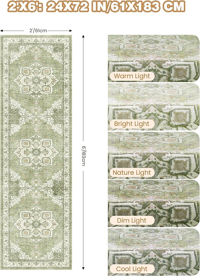 Runner Rug 2x6, Non Slip Washable Rugs for Laundry Room, Runners for Hallways, Low Pile Vintage Soft Rugs for Living Room, Kitchen Bathroom,Bedroom Rug(Light Green,2'x6')