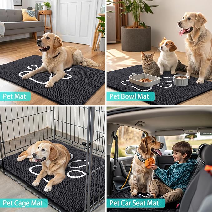 Smiry Dog Door Mat for Muddy Paws, Absorbent Dirt Trapper Non Slip Quick Dry Washable Chenille Mat for Mud Dogs, Entry Rug for Indoor and Outdoor (24x16 Inches, Black and White)