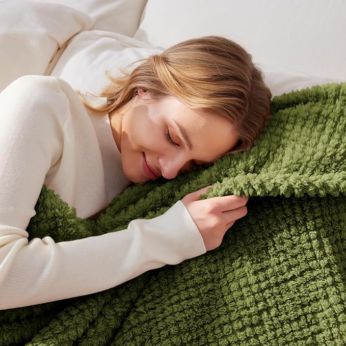 Whale Flotilla Queen Size Fuzzy Fleece Blanket, Fluffy Warm Soft Jacquard Bed Blankets for All Season, Lightweight and Cozy, 90x90 Inch, Olive