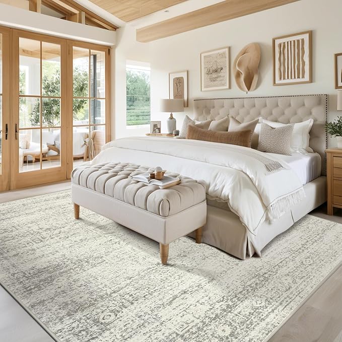 Washable Rugs 9x12 Area Rugs for Living Room,Bedroom,Dining Room- Large Ultra Soft Faux Wool Retro Carpets,Non Slip&Non-Shedding Low Pile Vintage Print Rug for Home Office Decor- Beige